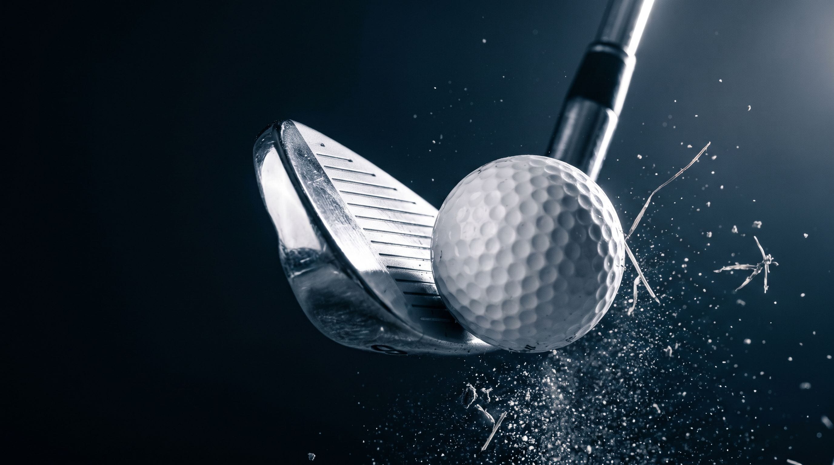 Nahaufnahme: ein verchromtes Eisen trifft im Dunkeln einen Golfball, Rasenpartikel fliegen.